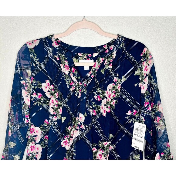 NWT Charter Club Etching Garden‎ Floral Top Shirt Pintuck Navy Blue Petite Small - Picture 7 of 12